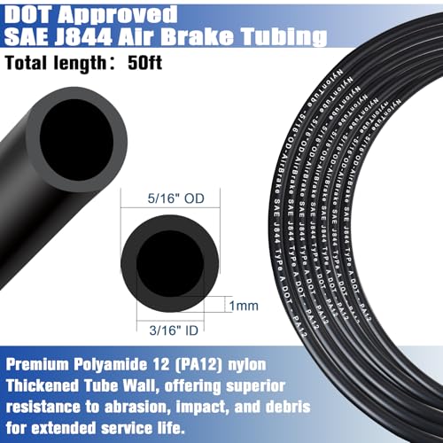 5/16" OD x 50FT DOT Air Line Black SAE J 844 PA12 Nylon Air Brake Tubing with Cutter and Teflon Tape, Pneumatic Nylon Air Line Hose for Semi Truck Trailer Air Brake System & Fluid Transfer - size: 50FT-5/16"OD