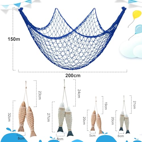 8 Pack Hand Carved Antique Wood Fish Sculpture Decor Ornament with Fishnet, Wooden Nautical Beach Theme Wall Art Hanging Fishing Net Decorations for DIY Party, Lake House, Bathroom Bedroom Blue