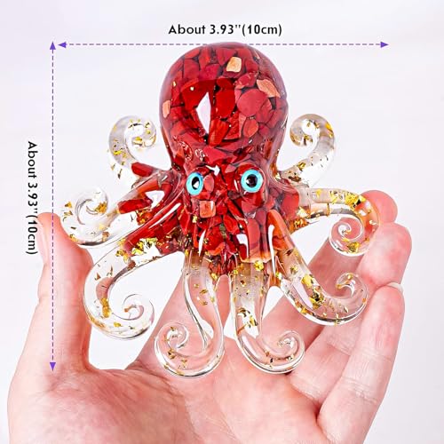 Natural Crystal Red Jasper Gravel Octopus Resin Marine Animals Fish Tank Decorative Ornaments Statue Healing Crystal Home Decor Ladies Gift 3.93" - color: Red