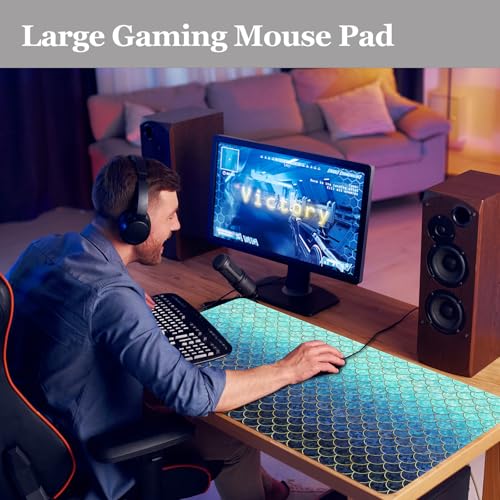 Desk Mat, Desk Matt for Desktop, DeskPad Mat, XXL Large Mouse Pad for Desks, Anti-Slip Big Mousepad with Stitched Edges, Keyboard Mouse Mat for Computer, Work, Office, Game, Home, Blue Mermaid - color: Ombre Blue Mermaid, size: 31.5" x 15.7"