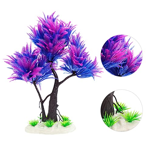 6PCS Fish Tank Aquarium Decorations Plastic Plants with Resin Cave Rock for Fish Hideout (Purple Set) - color: Purple & Green