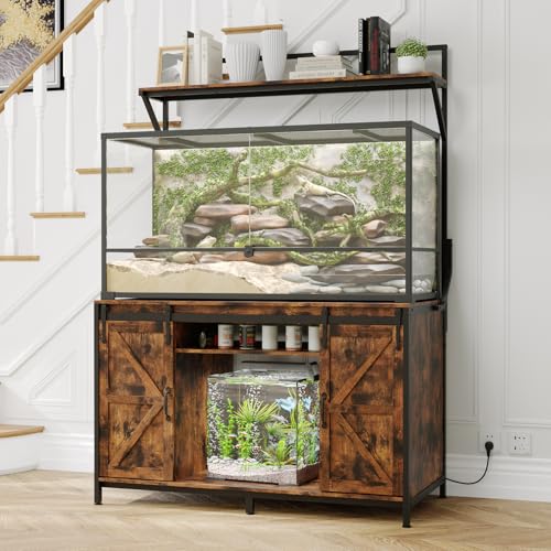 VOWNER Farmhouse Reptile Tank Stand with Power Outlet, 48" X 24" Tabletop Fits up 120 Gallon Bearded Dragon Tank, Heavy Duty Aquarium Stand with Storage Cabinet, Reptile Turtle Terrarium Stand Brown - color: Rustic Brown
