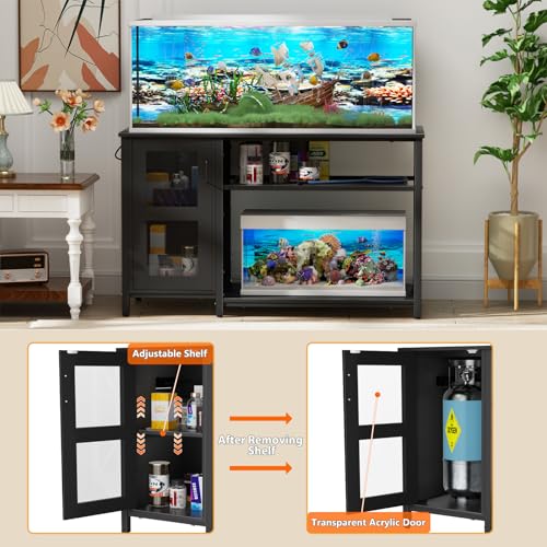 BEURUKU 55-75 Gallon Fish Tank Stand , Aquarium Stand with Cabinet & Power Outlets for Fish Tank Accessories Storage, Heavy Duty Metal Terrarium Stand, 52" L*19" W Tabletop, 1200LBS Capacity, Black - color: Black, size: 55-75 Gallon