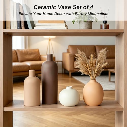 Upgraded Ceramic Vases Set for Home Decor, 4 Piece Modern Neutral Room Decor Desk Vase Bedroom Decor Flower Vase for Table Shelf Office Kitchen, Happy Birthday Gifts for Women Mom Men (Oval-4pcs) - color: Oval-4pcs