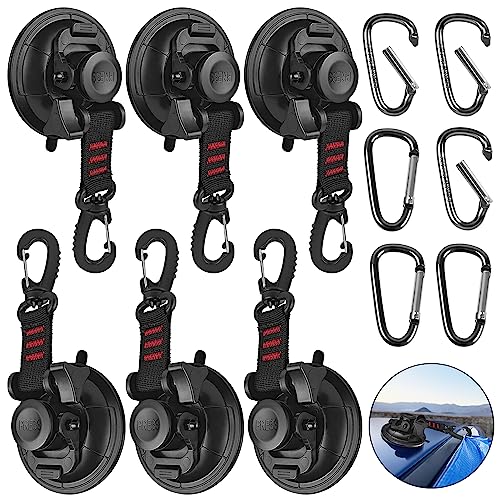 Hlogree 6PCS Heavy Duty Suction Cups Anchor with Hooks,Vacuum Suction Cup Camping Tie Downs with 6PCS Aluminum Buckle,Outdoor Strong Suction Cup Wall Anchor for Camping Tarp Accessory,Car Side Awning