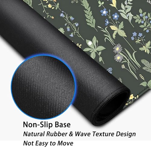 Green Plants Flowers Desk Pad Mouse Pad,Large Floral Mouse Mat with Stitched Edges,Non-Slip Rubber Base Elegant Mousepad for Office PC Keyboard Laptop and Home Work Desk Mat(27.5X11.8 in) - color: Green plants and white flowers