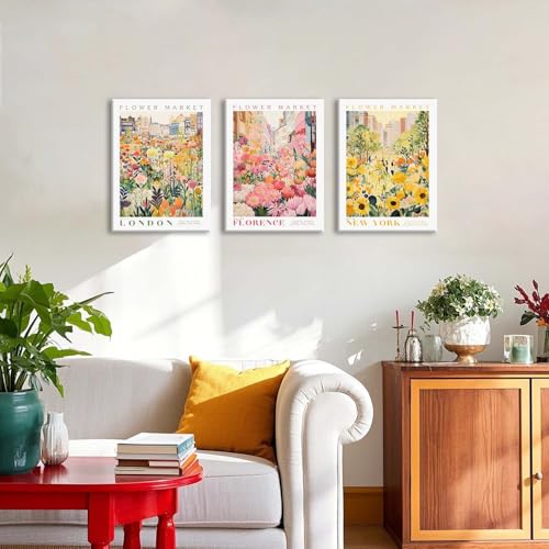 XLARTMY Flower Market Wall Art Print Canvas Framed Yellow Pink Floral Paintings Colorful Botanical Sunflower Artwork Travel Poster for Decor Picture 3 pieces for Living Room Bedroom Bathroom 12x16in - color: Flower Market-2, size: 12x16in Canvas