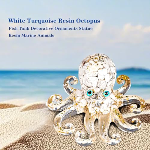 Natural Crystal Gravel Octopus Resin Marine Animals Fish Tank Decorative Ornaments Octopus Statue Healing Crystal Home Decor Ladies Gift 3.93" (White-Turquoise, 3.93") - color: White-turquoise
