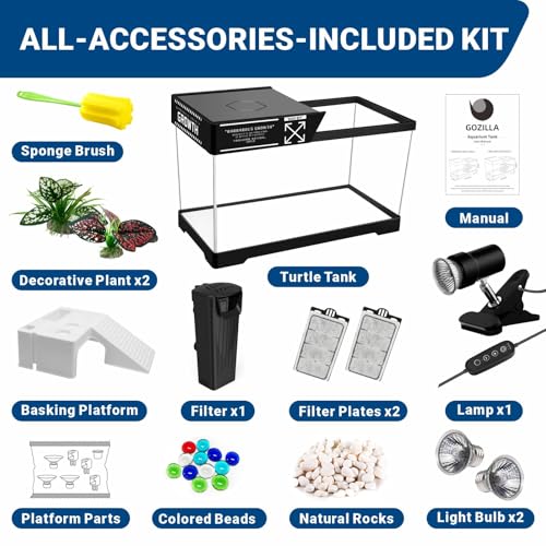 GOZILLA Turtle Tank Kit(Tank+Lamp+Filter), Upgrade PC Turtle Tank Starter Kit with Adjustable Lamp & Filter, Reptile Habitat with Lid, Basking Platform for Small Reptiles.(15.75 × 7.9 × 9''/Black Kit) - color: Medium-Black-KIT