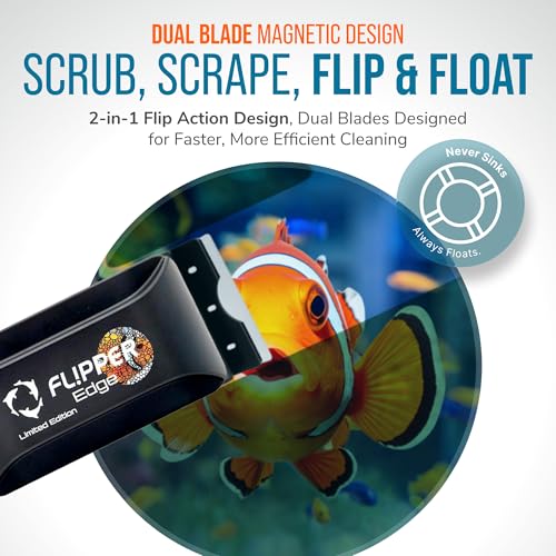 FLIPPER EDGE Standard Limited Edition Clownfish Magnetic 2-in-1 Aquarium Cleaner for Glass and Acrylic Tanks up to 1/2" (12mm) Thick – Dual Blade Design with Floating Algae Scraper and Cleaning Tool - color: LTD Clownfish, style: Standard - For Tanks 3/8