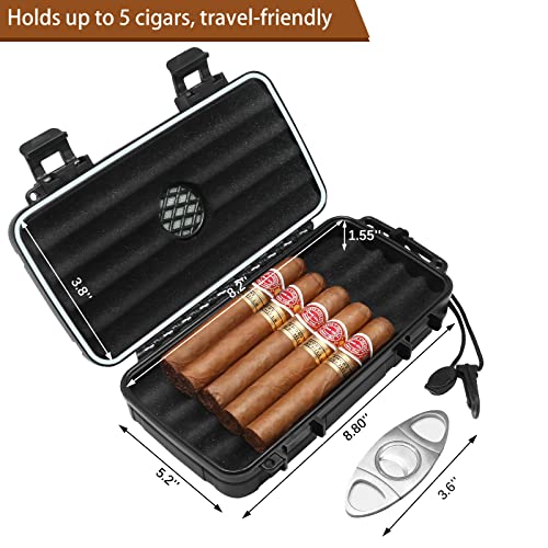 Flauno Travel Cigar Humidor Case - Portable Cigar Box with Humidifier Disc & Cigar Cutter | Waterproof | Crushproof | Airtight | Durable (Holds up to 5 Cigars) - size: Holds up to 5 Cigars