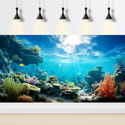 Under The Sea Aquarium Background Ocean Seabed Coral Reef Fish Tank Background Underwater Tropical Sea Marine Life World Aquarium Tank Backgrounds Tropical Hard Coral Fish Tank Backgrounds 24x12in - color: Light Green_Blue, size: 24(W)x12(H)inches/ 60(W)*