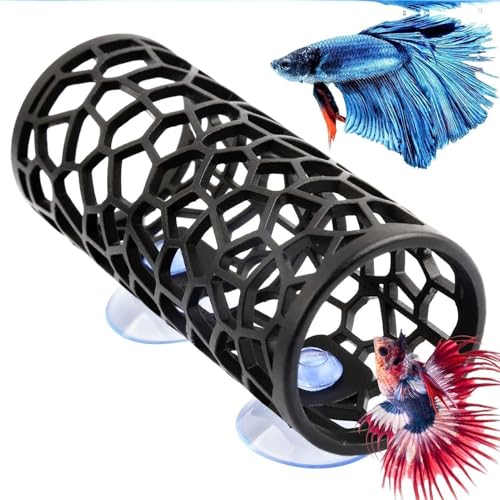 Betta Fish Tank Accessories Decorations, Betta Tunnel Swim Tube Soft Edged Betta Hammock Bed Shrimp Guppies Hideout Betta Shelter Toys with Suction Cup(Black)
