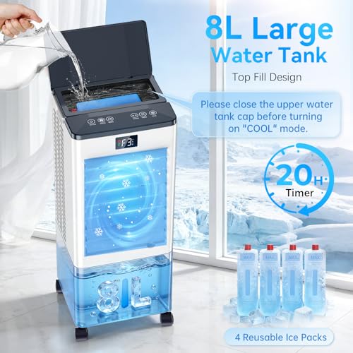 Portable Air Conditioners,3-in-1 Evaporative Air Cooler,4 Modes 3 Speeds Blow Cold Air, 120°Oscillation, LED Display, 12H Timer, Windowless Portable AC w/ 8L Tank & Remote for Home Bedroom Office