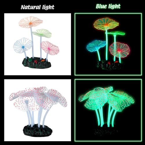 Frienda 8 Pieces Glowing Effect Fish Tank Decorations Artificial Plants with 2 Style Glowing Kelp, Sea Anemone, Simulation Coral, Jellyfish, Lotus Leaf, Mushroom for Aquarium Ornament(Purple, Pink) - color: Purple, Pink