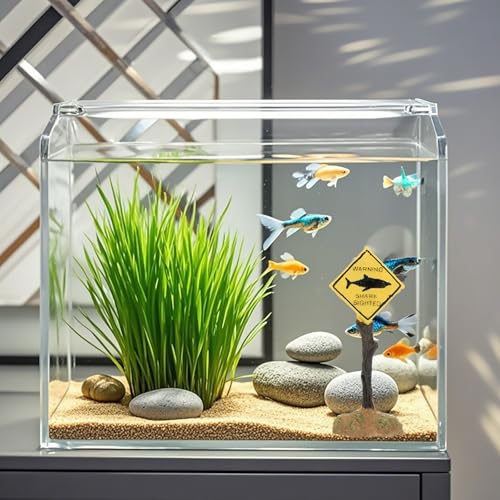 Shark Warning Aquarium Decoration – Resin Shark Zone Sign with Weighted Base for Fish Tanks, Betta Aquariums, Ocean & Marine Theme Tank Decor