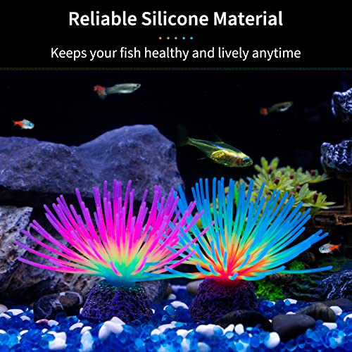 Uniclife Aquarium Imitative Rainbow and Iridescent Blue Sea Urchin Balls Artificial Silicone Ornament Set with Glowing Effect for Fish Tank Landscape Decoration