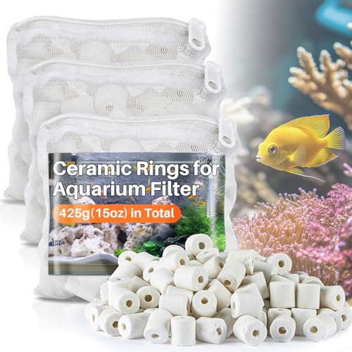 Sukh 3 Bags Ceramic Rings for Aquarium Filter - 425g Bio Ceramic Media Balls Replacement Biological Material Remover for Aquarium,Fish Tank,Pond,Canister Filter with 3 Mesh Bags - color: White, size: 15oz