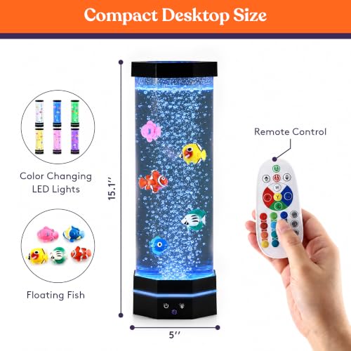 Special Supplies Aquarium Sensory Fish Bubble Light Tube with 16 LED Color Changing Nightlight Effect, Remote Control, and 5 Fish, Colorful Desk Standing Lamp