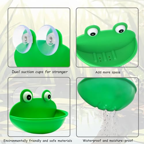 Frog Habitat with Suction Cup, 2 Pcs Cute Fish Tank Accessories Frog Dish Holder Frog Decor Frog Terrarium Decor for Tree Frog Toad Tadpole, Plastic, Green