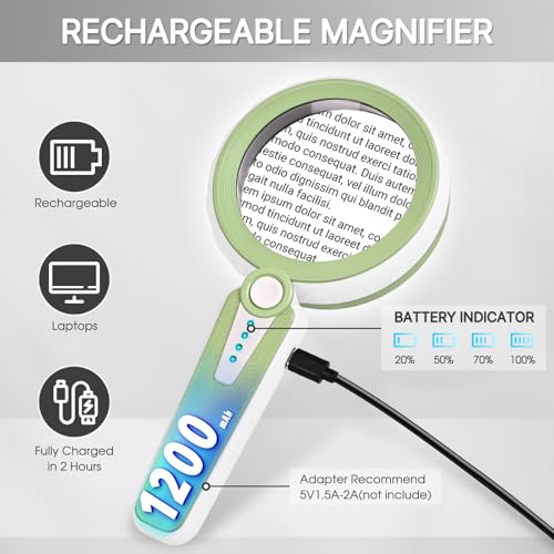 Magnifying Glass with Light, Rechargeable Magnifier for Seniors, Reading | 45X Crystal Clarity • 6 Light Modes • 1200mAh Rechargeable • Large 4.6" Lens • 12 LEDs • Soft Anti-slip Handle • Green - color: Green