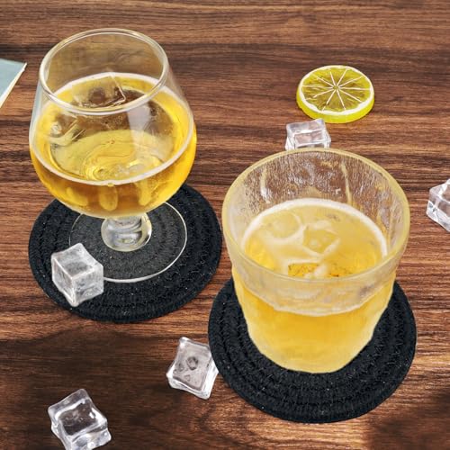 ABenkle 8 Pcs Drink Coasters with Holder, Cotton Woven Absorbent Coasters for Drinks, Minimalist Home Decor Coaster Set for Wooden Tabletop Protection Table, 4.3 inches - color: Black, size: 8 Pcs