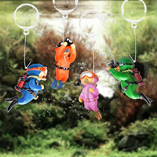 4 Pack Floating Fish Tank Decorations，Cute Little Diver Aquarium Decoration Cartoon Fish Playmate with Floating Device Fish Tank Accessories