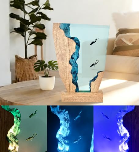 Handmade 3D Ocean Resin Lamp-Handcrafted Diving Night Light,Multiple Adjustable LED Light Sources Wooden Base with USB Port,Birthday Gift for Boyfriend Girlfriend Men Dad Divers(6"x4") - style: Two Divers