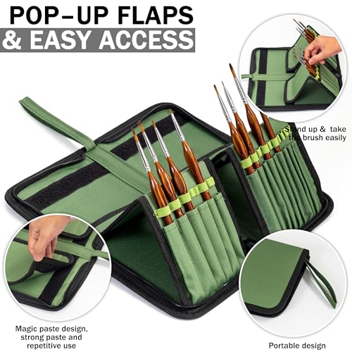 DUGATO Green Canvas Brush Organizer & Holder, 5.4x10.7 inches, 15 Slots, Pop-Up Flaps, Case for Brushes up to 9.3" Length - color: Green, size: Medium 5.4x10.7 inches