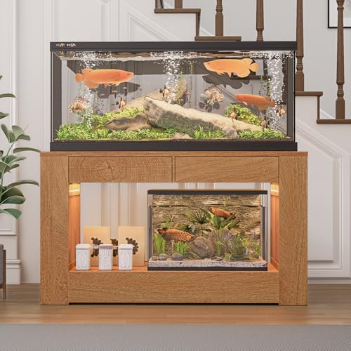 48" Aquarium Stand for 55–75/90 Gallon Tank,Heavy Duty Fish Tank Stand up to 1000 LBS,Aquarium Stand with Power Outlet & LED Light,2-Tier Turtle Reptile Tank Stand with Storage,Natural - color: Natural, size: For 55-75-90 gallon