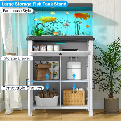 kepptory 20 Gallon Fish Tank Stand with Power Outlets, Farmhouse Decorative Aquarium Stand Furniture with Adjustable Shelves, 10-20 Gallon Reptile Turtle Tank Stand with Cabinet Storage (White, 20GL) - color: White, size: 27.6"L x 15.7"W x 31.5"H