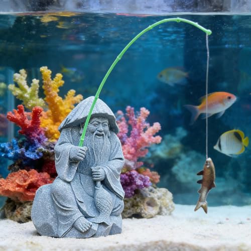 livelyfish Aquarium Fisherman Statue Japanese Old Man Figurine Sandstone Sitting Fishing Figurines for Fish Tank Garden Home Decor (E2) - color: E2