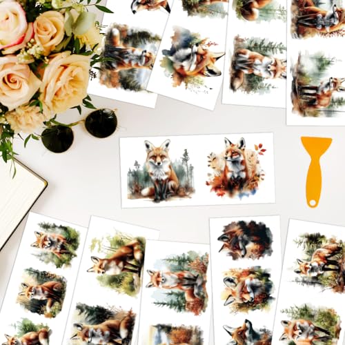 arricraft 10 Sheets Animals UV DTF Cup Wrap for 16OZ Glass, Fox Forest Rub on Decals PVC Transfer Stickers for DIY Cups Wood Funiture 24x11cm/9.4x4.3inch - style: Fox Forest Theme
