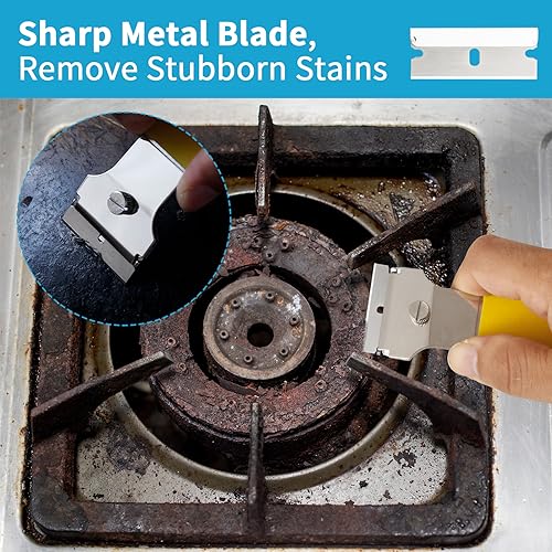 4 Pack Razor Blade Scraper, with 20 Metal & 20 Plastic Blades, Multi-Purpose Cleaning Remover Tool for Glass Caulk, Adhesive, Wall, Stovetop, Paint, Window, Sticker, Tile, Label Decals