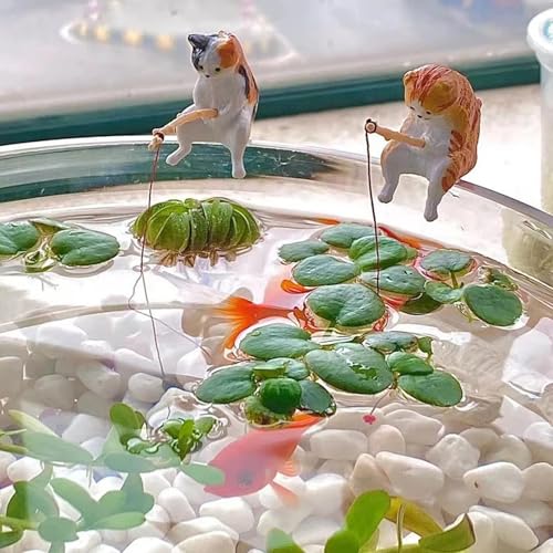 1pcs Fish Landscape Fishing Cat Decorations, Mini Resin Statues, Cartoon Cat Statues, Used for Home Office Aquarium Decoration, Desktop Courtyard, Pond Indoor and Outdoor