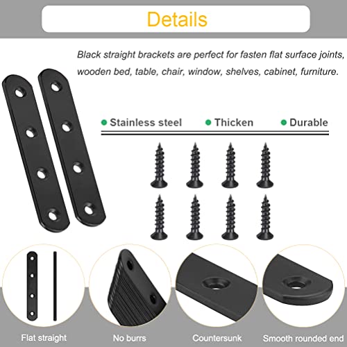 20Pcs Black Straight Brackets Heavy Duty Stainless Steel 4 Inch Straight Brace Flat Mending Plates, Repair Fixing Joining Brackets for Wood Furniture with Screws, CAM-S10020B-20 - size: Black 4" x 0.8"