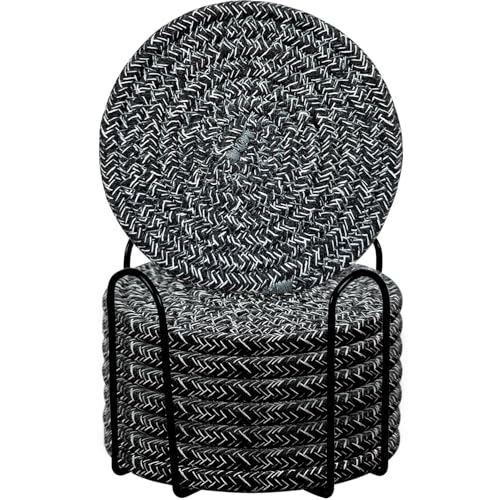 ABenkle 8 Pcs Drink Coasters with Holder, Cotton Woven Absorbent Coasters for Drinks, Minimalist Home Decor Coaster Set for Wooden Tabletop Protection Table, 4.3 inches - color: Black Mixed Gray, size: 8 Pcs