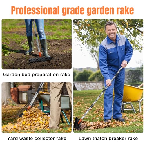57-Inch Thatch Rake - Professional Dethatcher & Soil Aerator with 15" Steel Tines, Detachable Handle for Lawn Thatching and Compacted Soil Removal