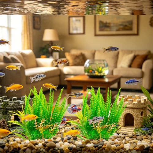 2 Pack Aquarium Decor Plastic Plants, Large Artificial Fish Tank Plant, Fish Tank Decorations for Betta Freshwater Fish Tank-7.1" Tall - size: Medium-2Packs