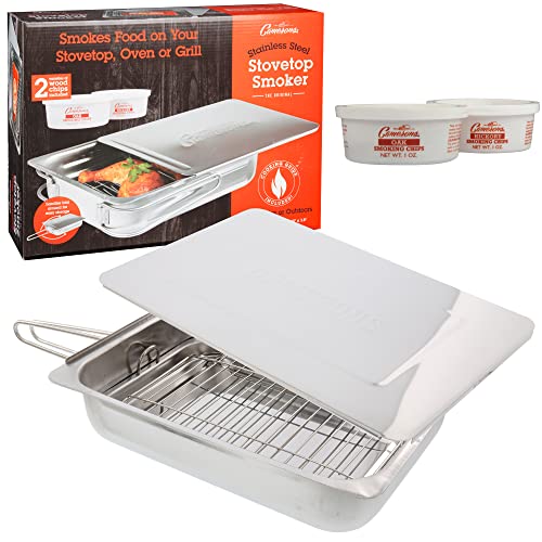 Camerons Large Stovetop Smoker - Stainless Steel BBQ Smoker Box w/Hickory & Oak Wood Chips & Recipe Guide - Indoor Outdoor Use on Any Heat for Smoking Meats, Veggies & Seafood - Grilling Gift for Men
