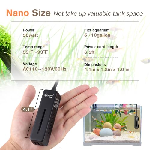 hygger Mini Fish Tank Submersible Heater 50W for 5-10 Gallons Small Betta Aquarium Heater with Digital Display Controller Adjustable Temperature - size: 50 Watt