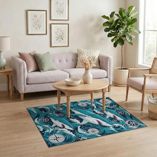 4'x6' Washable Flatwoven Rug, Navy Graphic Shark Easy Care Throw Carpet for Dorm Room, Small Living Room, Apartment, Stain Resistant Low Profile Floor Covering | Ref:2068650 - color: Blue/Pattern 14, size: 4' x 6' (Rectangular)