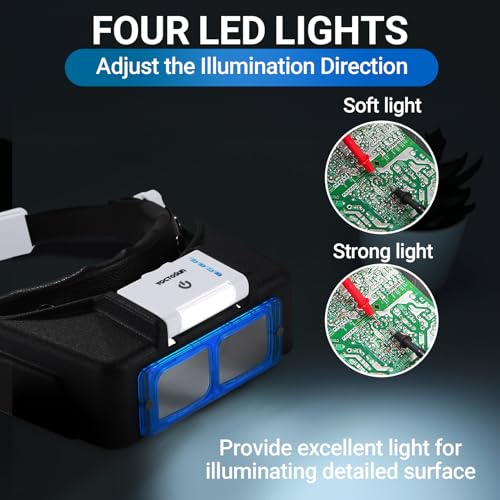 YOCTOSUN Magnifying Glasses with Light for Close Work, Rechargeable Headband Magnifier with 4 Lenses 1.5X-3.5X, Hands Free Head Magnifying Visor for Hobby, Jewelers, Reading, Crafts - color: White and Black