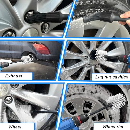 Wheel Brush Kit, Soft Drill Wheel Cleaner Brush, No Scratches Highly Dense Car Cleaning Brush Set for Wheels, Rims, Engines, Exhaust(White/Black,2Pcs) - color: White/Black,2pcs