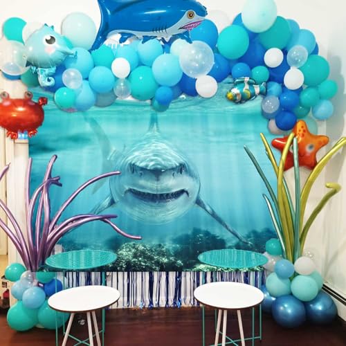 Shark Under The Sea Backdrop 6x4ft Fabric Underwater World Backdrops for Photography Ocean Coral Reef Shallows Aquarium Background Theme Party Decorations Banner Birthday Photo Studio Props - size: 6x4FT