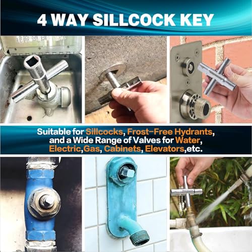 4-Way Water Key, Premium Sillcock Key, Radiator Bleeder Key Multi-Functional Shut off Tool for 1/4", 9/32", 5/16", 11/32" Valve & Spigot, Ideal for Home, Public & Commercial