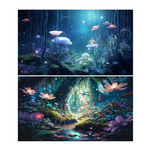 2 Packs Surreal Undersea Fantasy Garden Aquarium Background Colorful Glitter Floral Flowers Tranquil Lake Stream Fish Tank Background Blue Dreamy Jungle Rainforest Reptile Tank Backgrounds 24x12in - color: Foggy Blue, size: 24(W)x12(H)inches/ 60(W)*30cm(H