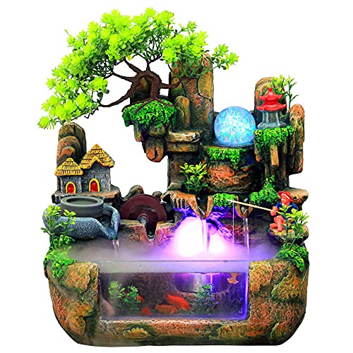Tabletop Waterfall Fountain with Rockery, Mini Silent Indoor Ornament Desk Water Fountain Desktop Simulation Resin with Atomizer LED Small Fish Tank for Office Bedroom Home Decor Fisherman - color: Style 1