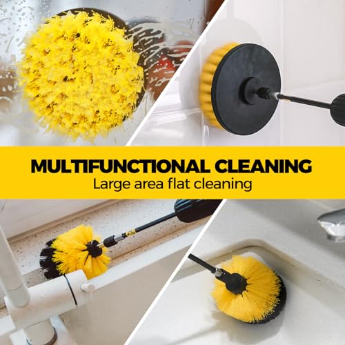 Holikme 4 Pack Drill Brush Attachments Set, Power Scrubber with Extend Long Attachment，Cleaning Supplies for Bathtub, Shower, Grout, Tile(Yellow)