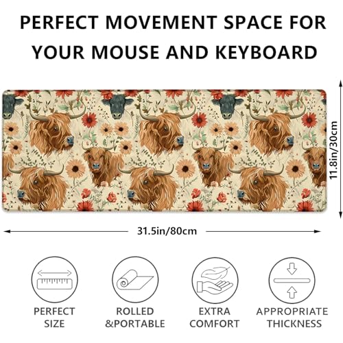 Cute Highland Cow Gaming Mouse Pad, Rustic Floral with Cattle Large Desk Mat for Computer, Extended Keyboard Laptop Mouse Pads 31.5×11.8in, Non Slip Rubber Mousepad for Office Decor Gifts - color: Highland Cow21